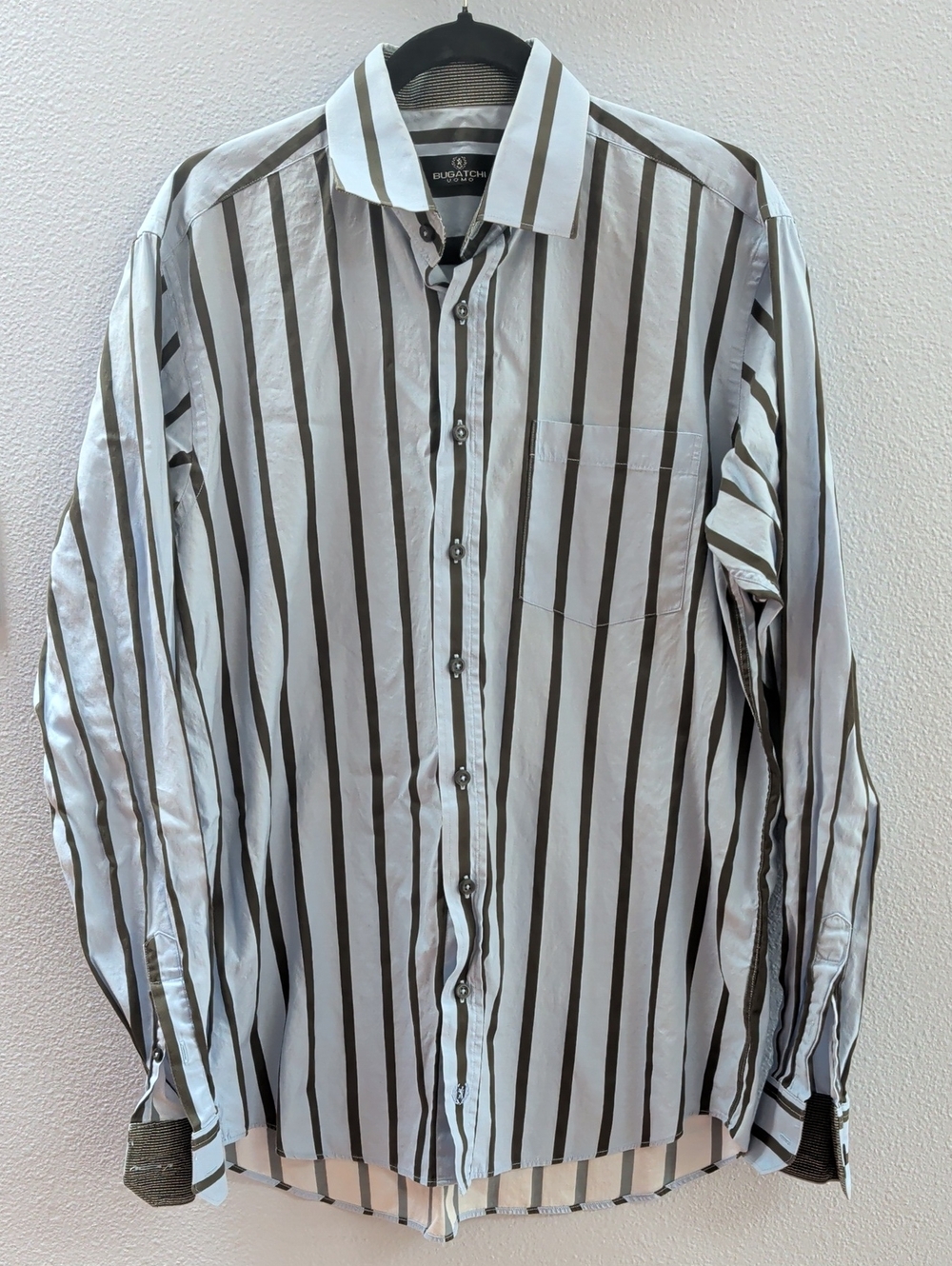 Bugatchi Uomo Large Tall Men's Blue Shirt with Black Vertical Stripes